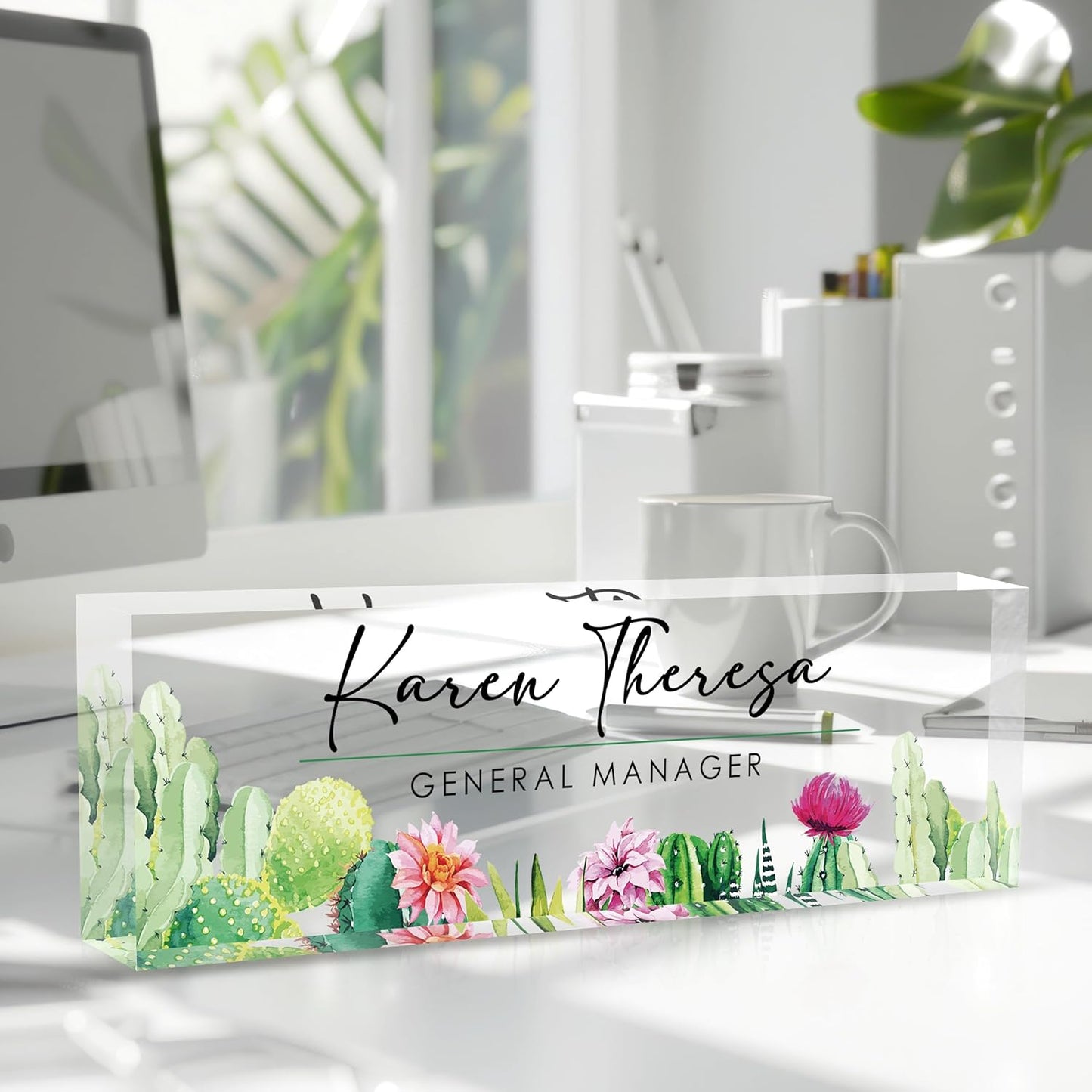 Custom Office Name Plate, Personalized Gifts for Women & Men, Appreciation Gifts for Employees, Office Desk Accessory (Cactus)