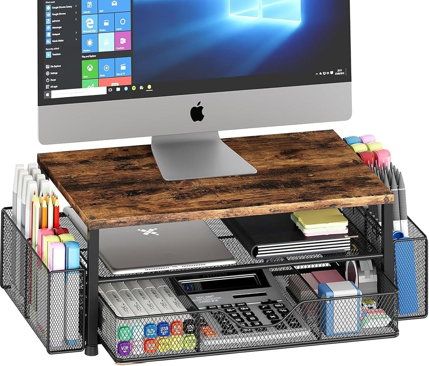 Desk Organizers and Accessories, 2-Tier Computer Monitor Stand Riser with Drawer and 2 Pen Holders, Laptop Stand, Office Desk Accessories for Office Supplies, Brown