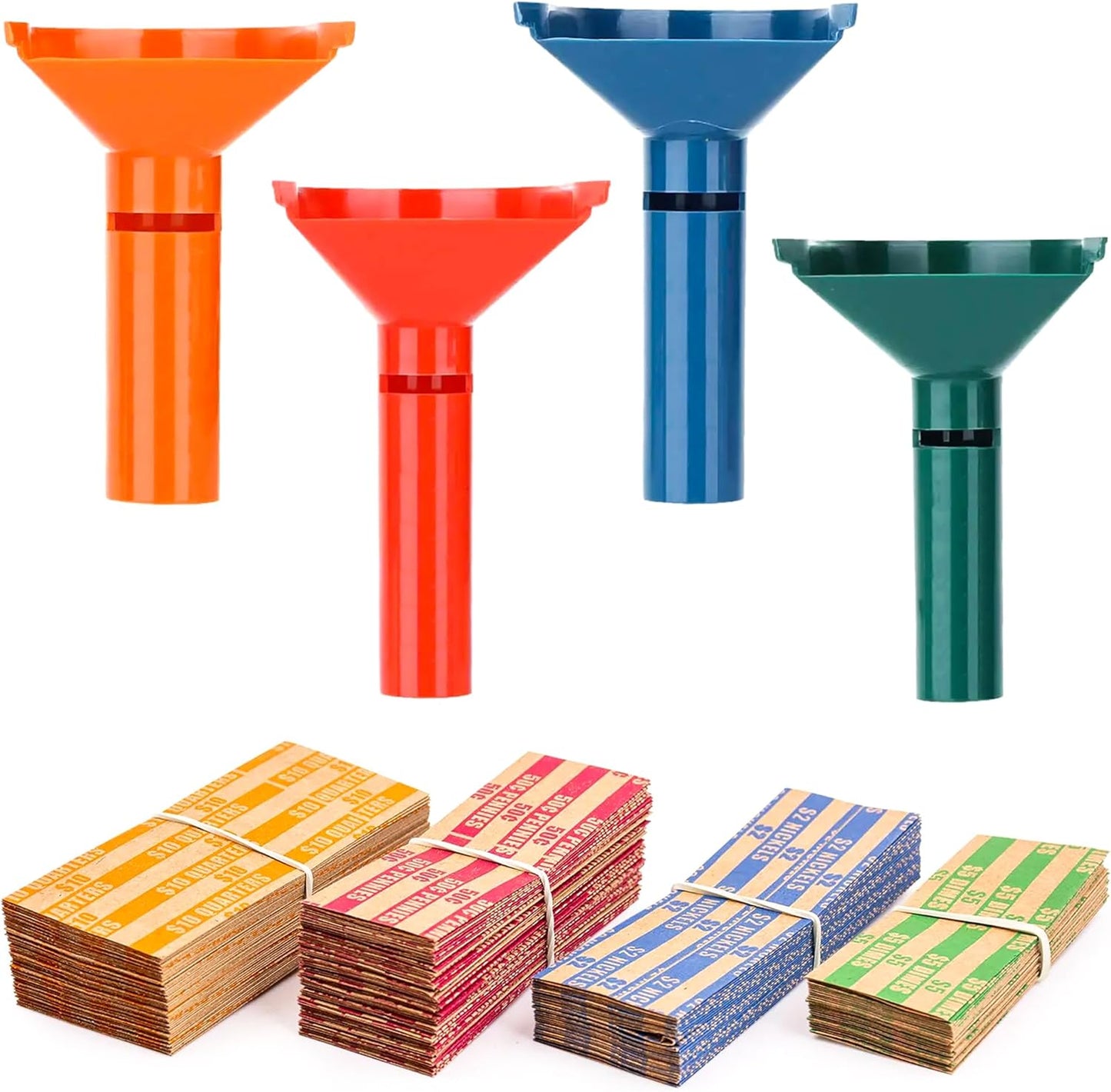PM Company Color-Coded Coin Counting Tube with 150 Assorted Flat Coin Wrappers for Pennies Through Quarters (05032), Blue; Green;Orange;red, Set of 4