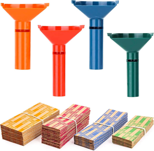 PM Company Color-Coded Coin Counting Tube with 150 Assorted Flat Coin Wrappers for Pennies Through Quarters (05032), Blue; Green;Orange;red, Set of 4
