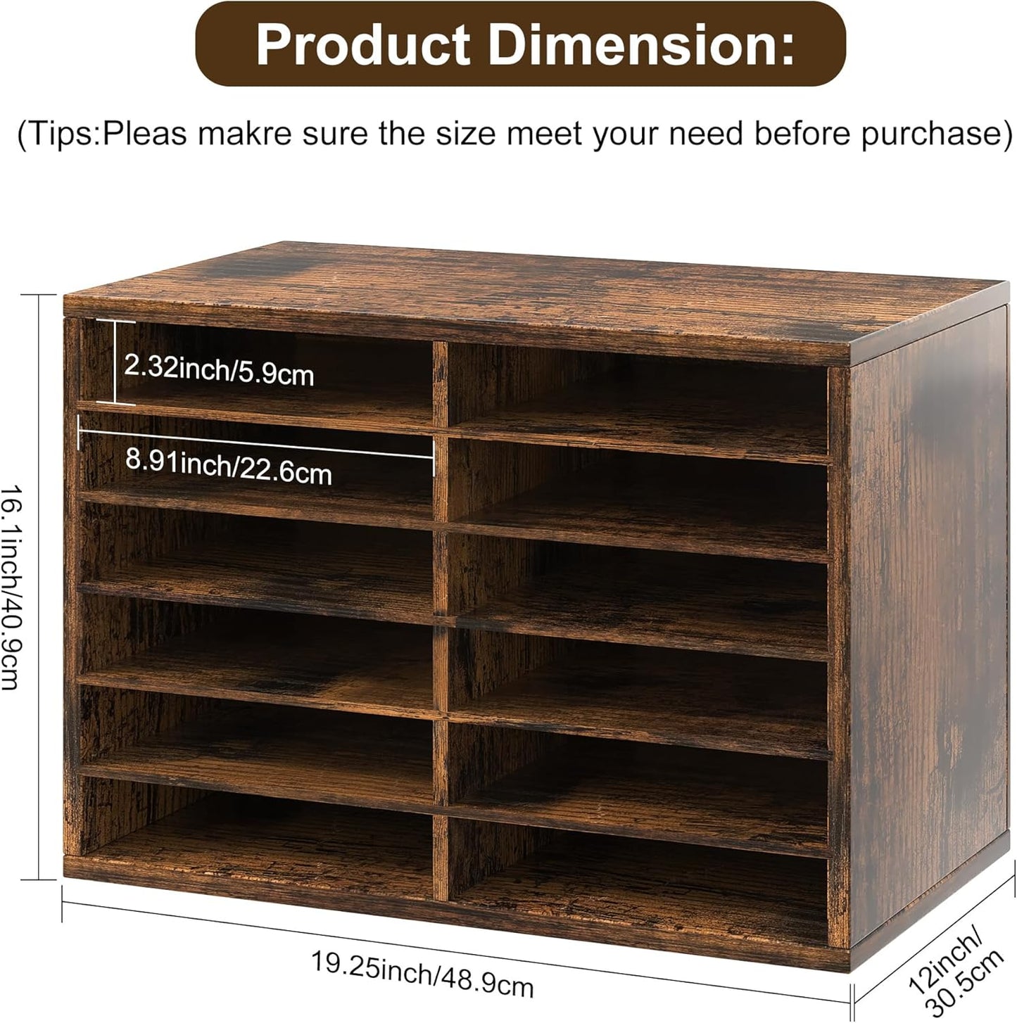 Mail Organizer Countertop, 12 Slots Wooden Desk File Literature Sorter, Adjustable Paper Storage Shelves Document Holder, Space Saving Desktop Mailbox for Office Classroom, Rustic Brown