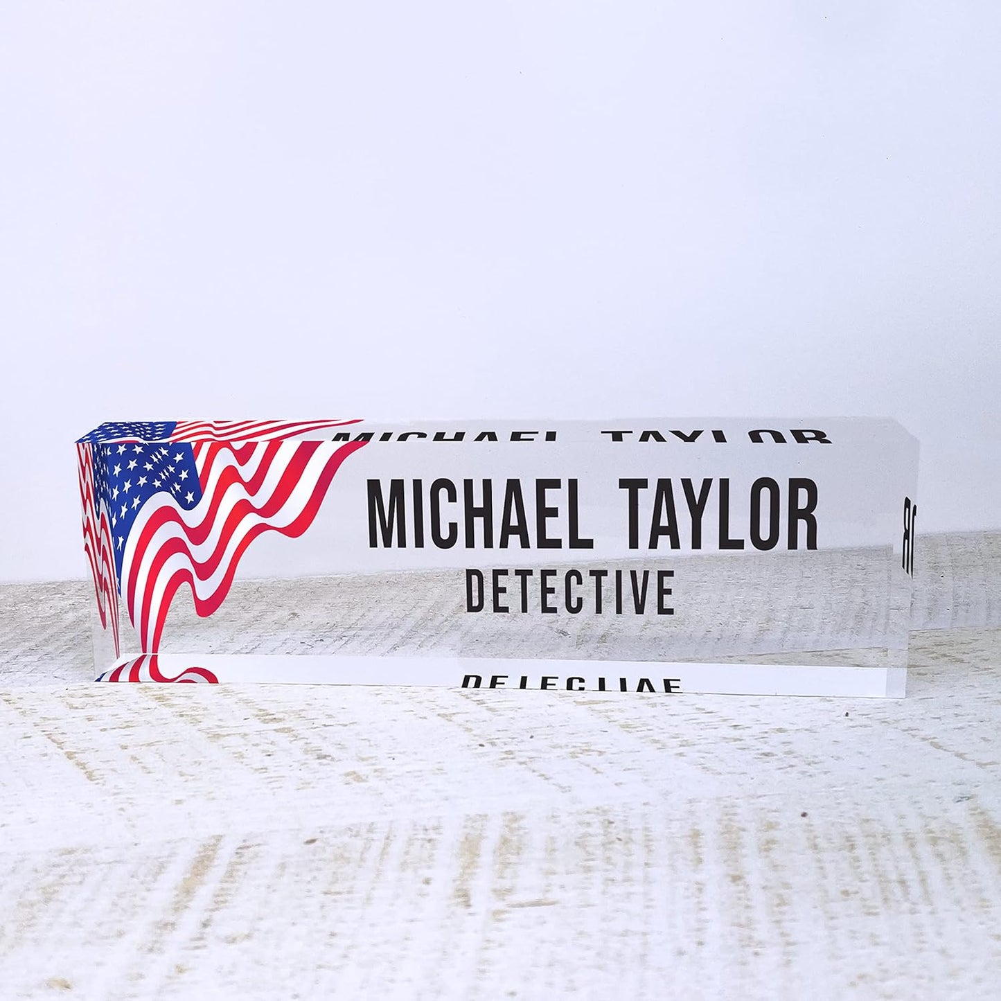 Artblox Office Desk Name Plate Personalized | Custom Name Plates for Desks | Us Flag Design On Clear Acrylic Glass | Office Desk Decor - (8" x 2.5")