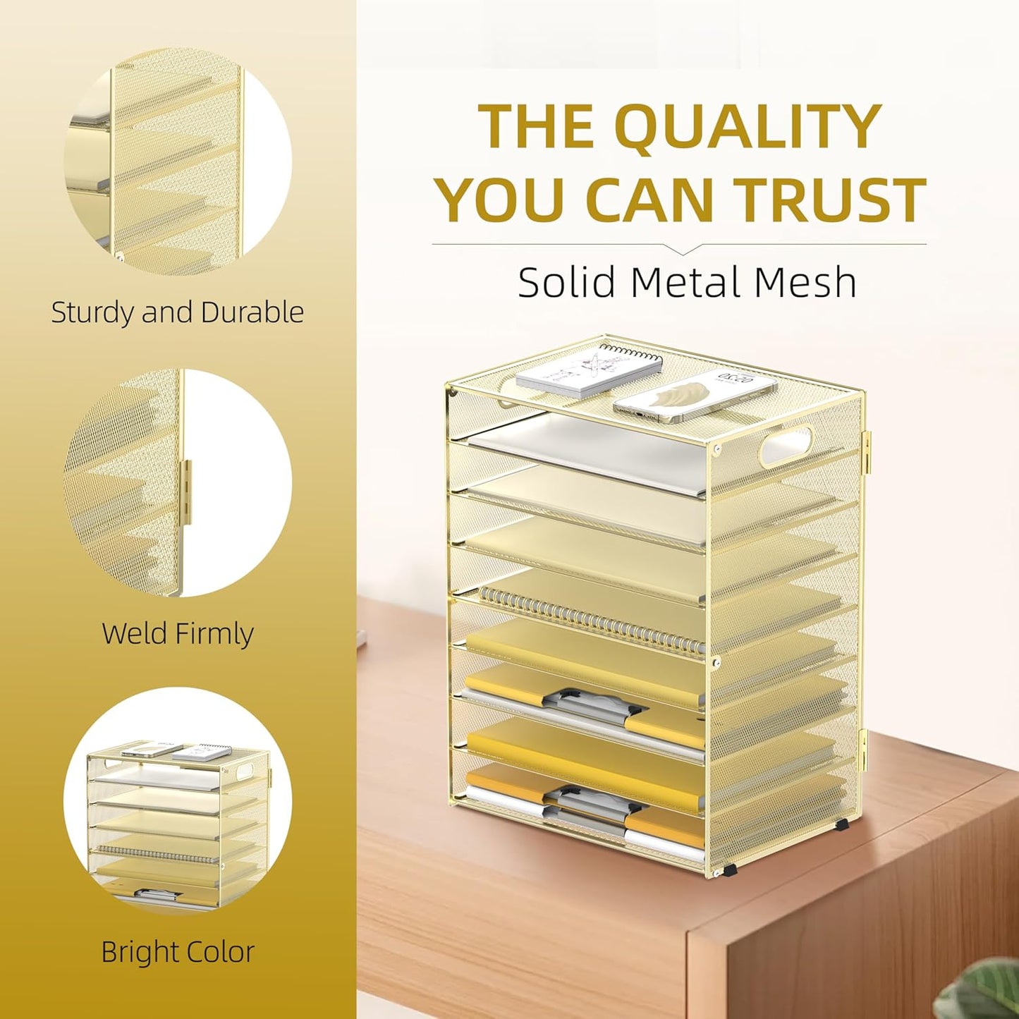 DALTACK 9-Tier Paper Letter Tray Desk Organizer with Handles, Mesh File Holder Organization, File Organizer for Desk Paper Sorter for Office Home School, Gold