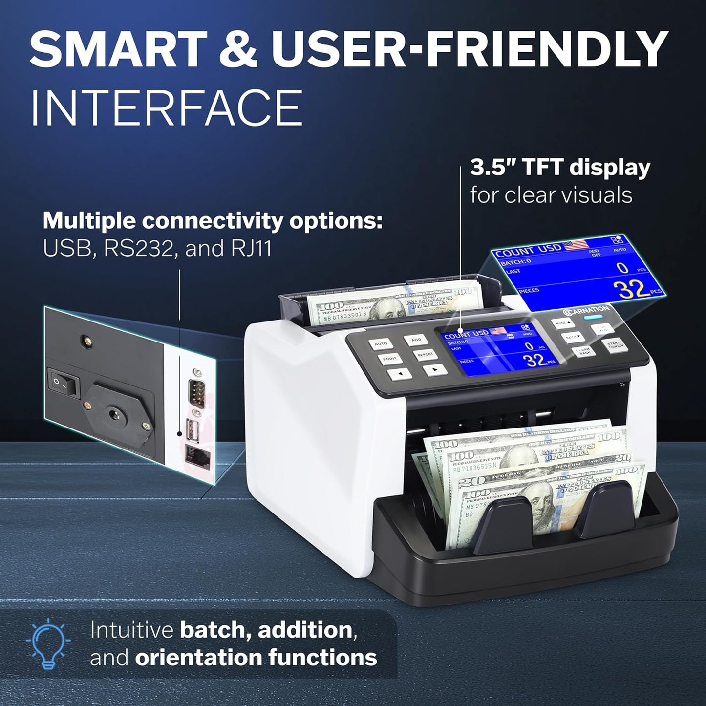 CN5 Money Counter Machine Mixed Denomination Value Counting UV/MG/IR/DD Counterfeit Detection, USD, EUR, MXN, GBP and CAD Business Money Counter