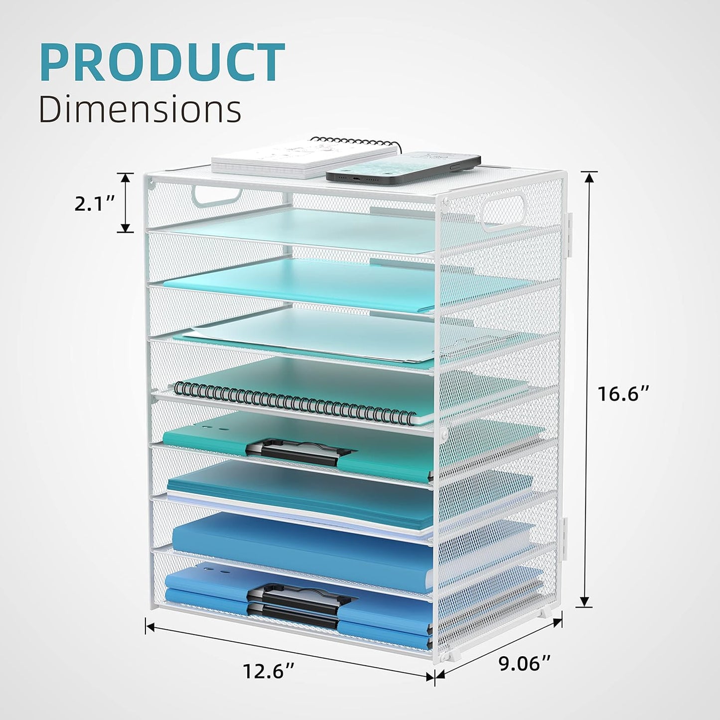 DALTACK 9-Tier Paper Letter Tray Desk Organizer with Handles, Mesh File Holder Organization, Paper Sorter Desk Organizer for Office Home School, White 2 Pack