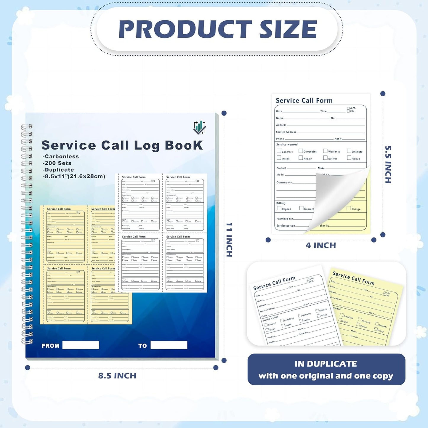 400 Sets Service Call Correspondence Forms Book 8.5x11 Inch 2 Part Carbonless 4 Message Sets per Page Call Log Book Phone Message Book Invoice Receipt Book for Repair Service (2)