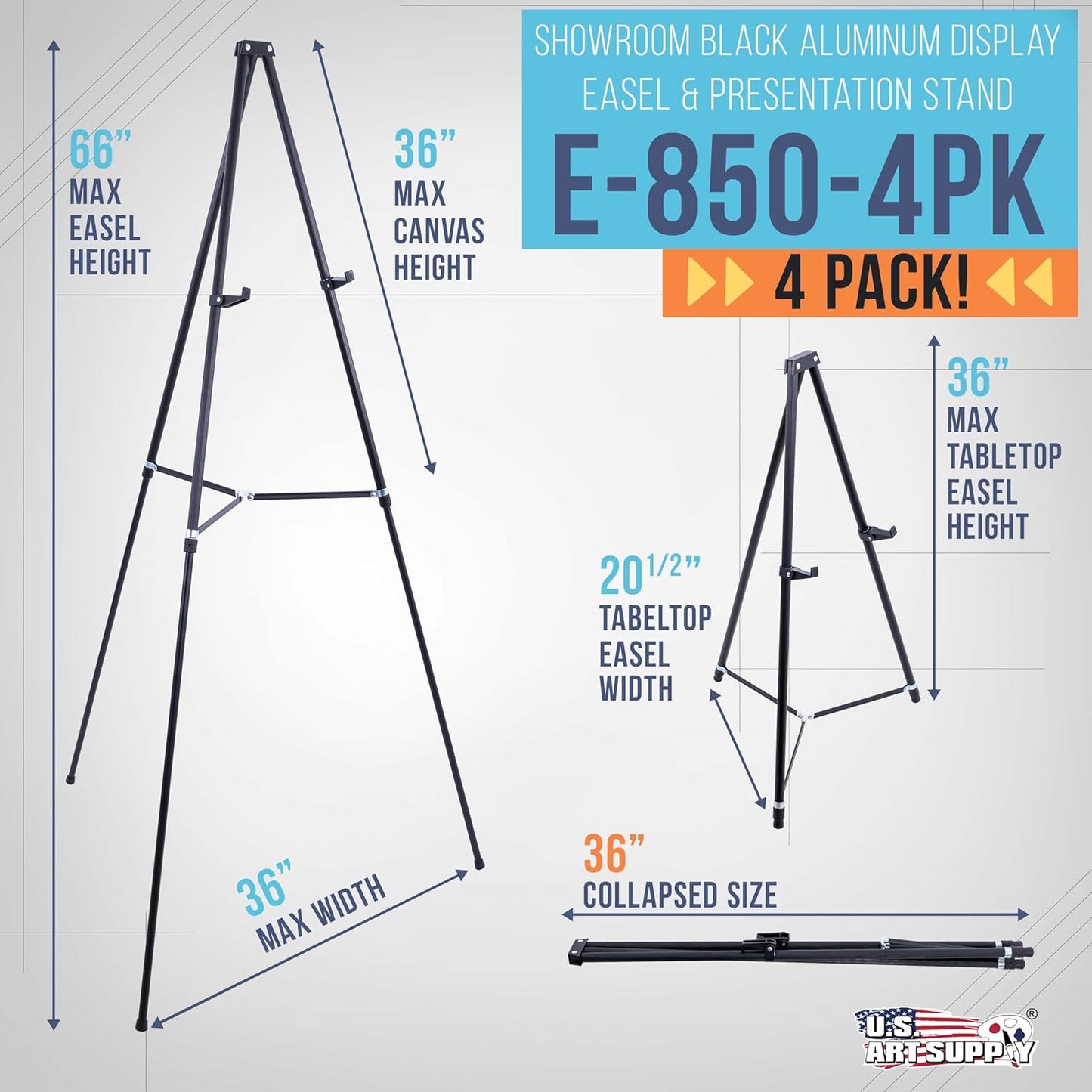 U.S. Art Supply 66" High Black Metal Display Art Easel (4 Pack) - Large Adjustable Height Portable Easel Stand, Sign Display, Holds 25 lbs - Floor & Tabletop Easels, Sign Stand