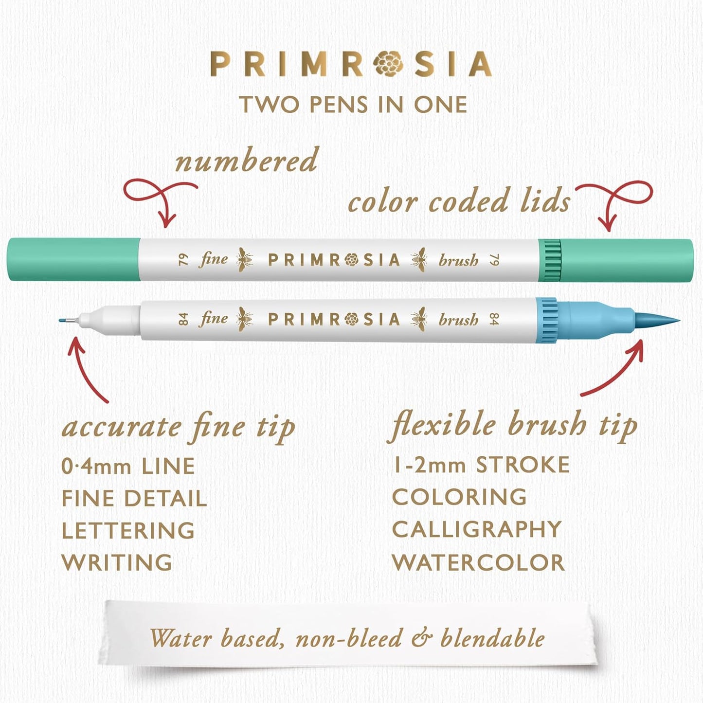 Primrosia 12 Dual Tip Watercolor Marker Pens - Fine Tip & Brush Tips, Professional Quality, 4 x Sticker Sheets, Blendable, Non-Toxic, Perfect for Calligraphy, Drawing & Coloring. (Coastal)