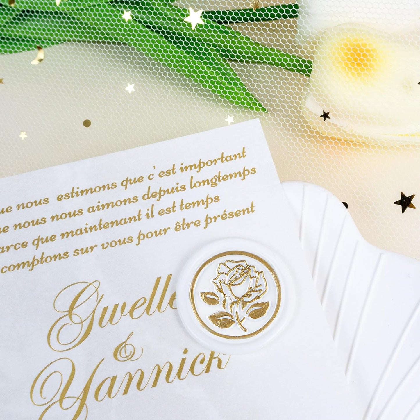 100Pcs Gold & White Wax Seal Stickers - Handmade Envelope Seals, Self Adhesive Wax Stickers for Wedding Party Invitations, Envelope, Gift Wrap, Christmas (Gold Rose Style, White)