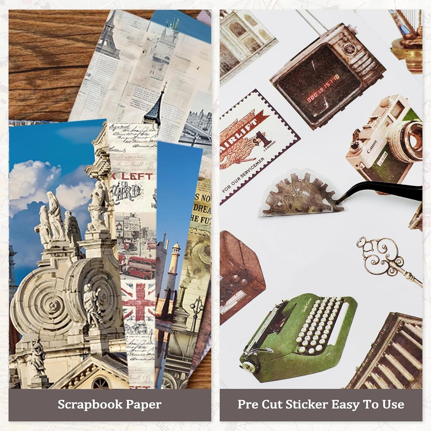 Travel Sticker Book, 32 Sheets 377 Pcs Vintage Aesthetics Stickers & 20 Sheets Washi Paper for Journaling Scrapbooking Bullet Journals Planners Letter Card Making