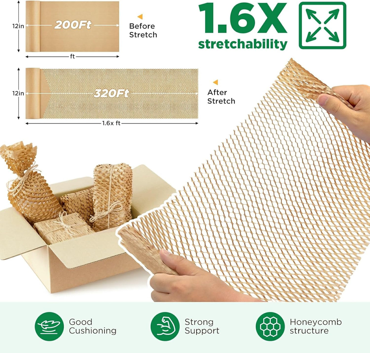 Honeycomb Packing Paper, 12"x200' Brown | Perforated Honeycomb Packing Paper Recyclable Moving Supplies for Shipping & Moving | Plastic-Free Alternative to Bubble Cushion Wrap with 36 Fragile Stickers