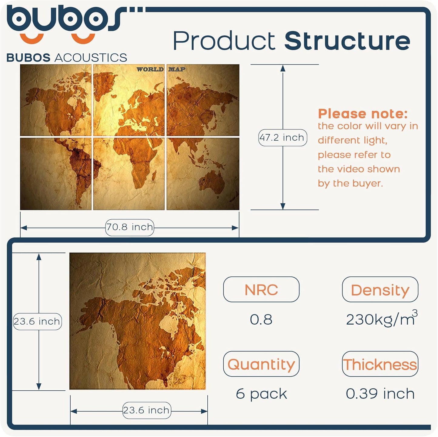 BUBOS 6 Pack Art Acoustic Panels Soundproof Wall Panel,70.8X47.2 Inches Large Sound Absorbing Panel,Self-adhesive Decorative Acoustical Wall Panels, Acoustic Treatment for Home Office（World Map）