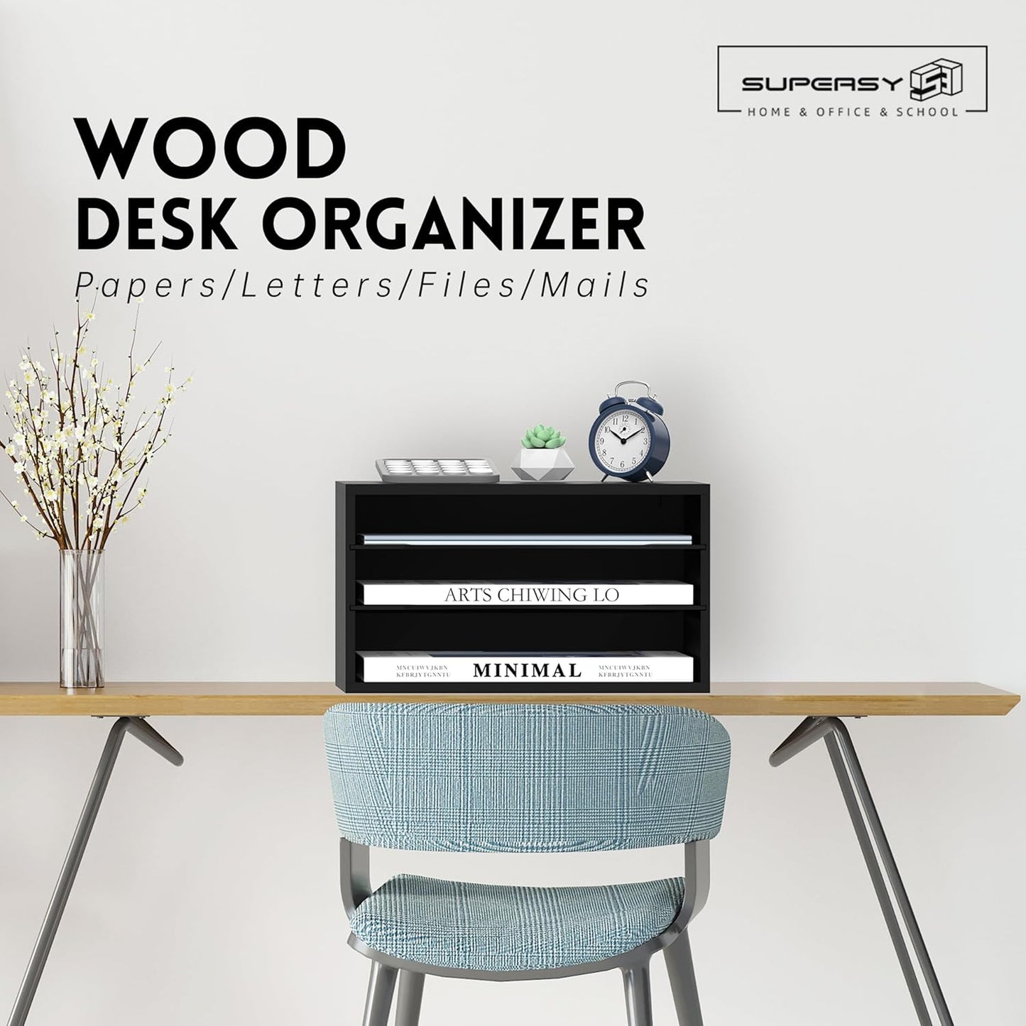 SUPEASY Wooden Desk Organizer - 3 Tier Paper File Organizer for Office, School & Home, Black