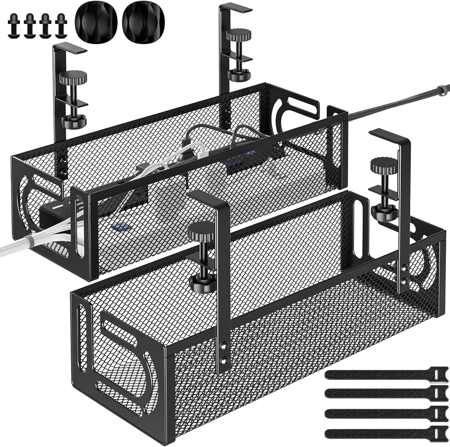 Under Desk Cable Management Tray, 15.7'' No Drill Steel Desk Cable Organizers, Wire Management Tray Cable Management Rack (2 Packs-Black)