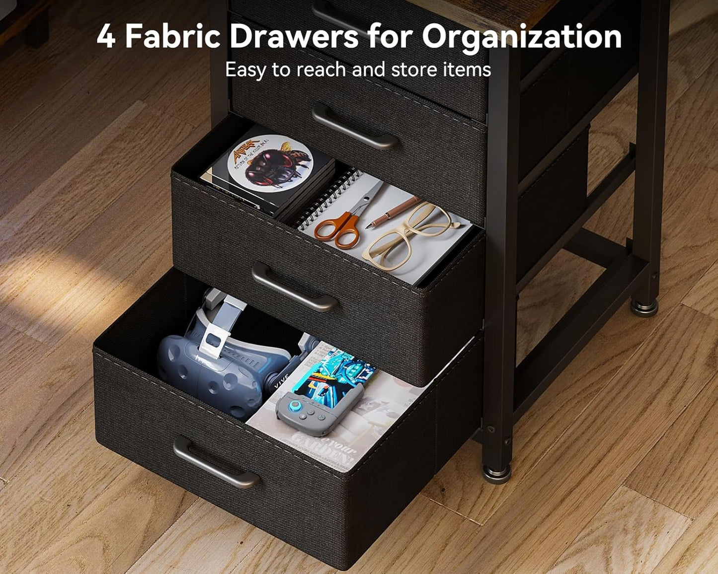 Casaottima L Shaped Desk with 4 Tier Drawers, 53" Gaming Desk with Power Outlets & USB, Reversible L-Shaped Computer Desk with CPU Stand, Home Office Corner Desk with Storage, Easy Assemble, Vintage