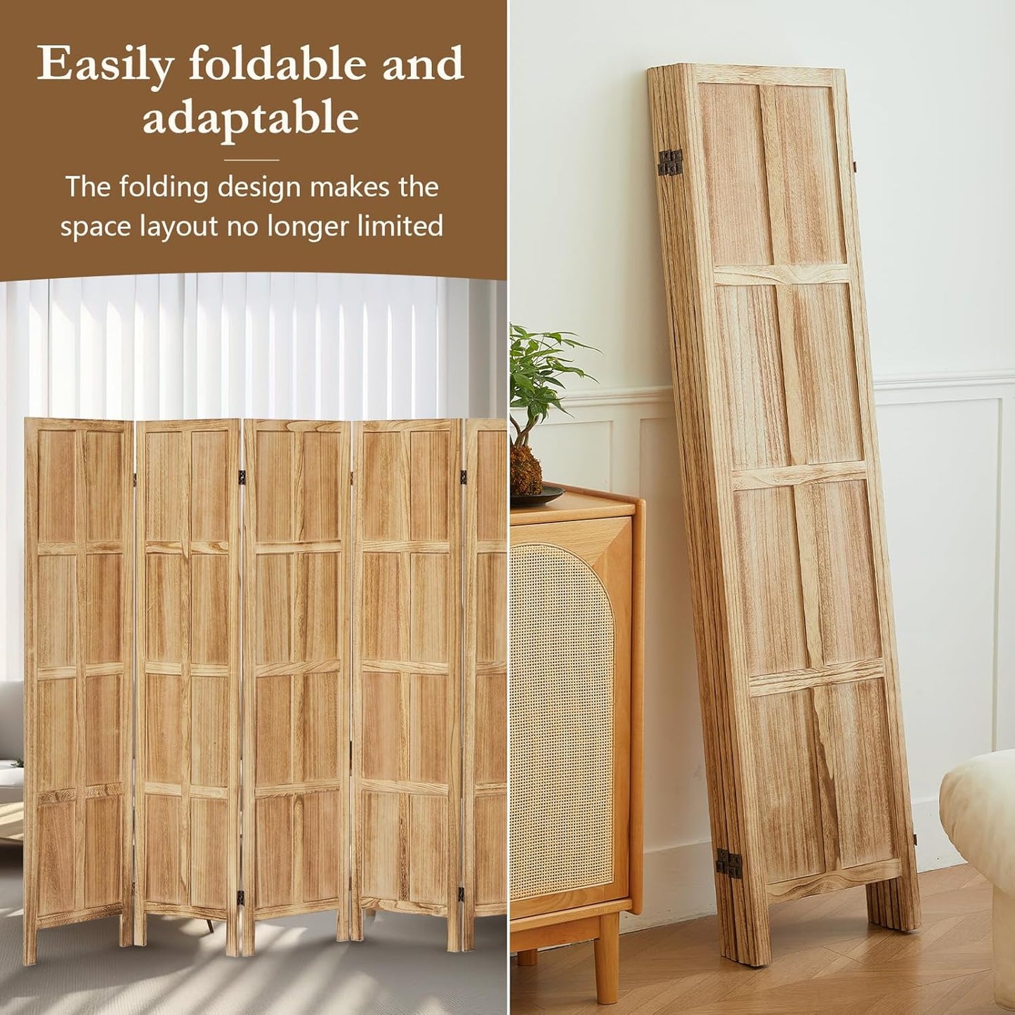 6 Panel Room Divider and Folding Privacy Screens, 5.6Ft Wood Room Dividers, Room Divider Wall Freestanding, Room Dividers Screen for Home Office Restaurant Bedroom, Light Brown