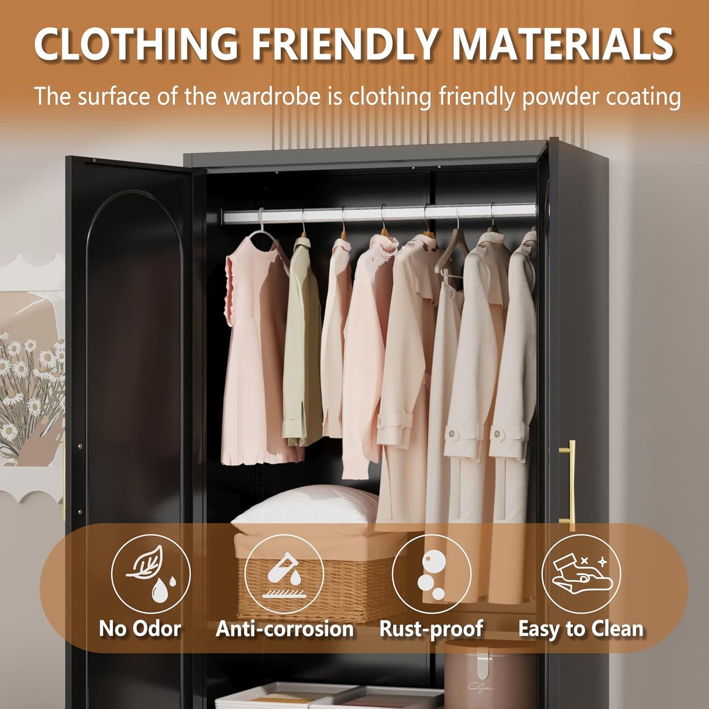 Metal Armoire Wardrobe Closet with Two Drawers, 71" Tall Large Wardrobe Cabinet with Hanging Rod, Clothing Storage Cabinet with Doors and Shelves for Bedroom, Black, Assemble Required