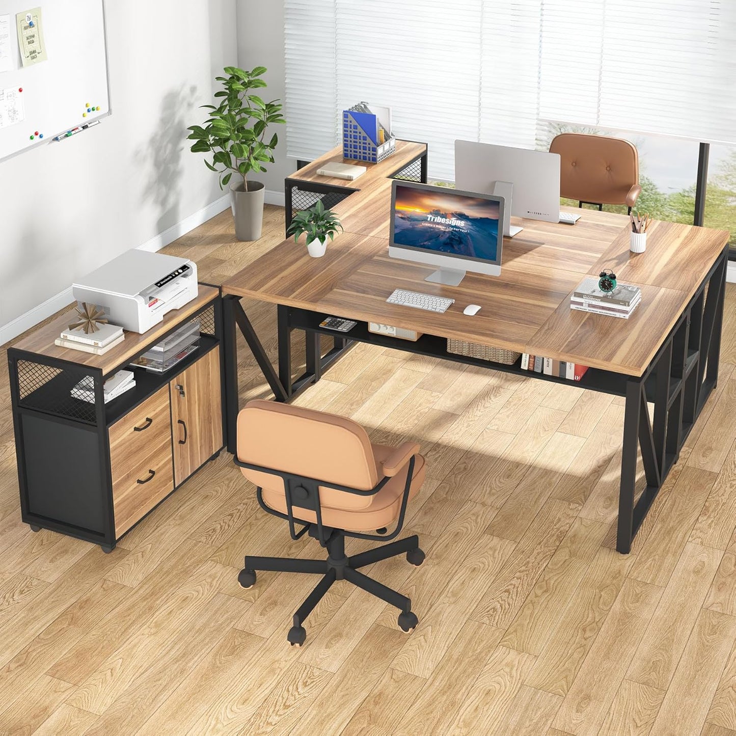 Tribesigns 63" Executive Desk with Reversible File Cabinet, Large L-Shaped Office Desk with Drawers, Business Furniture Workstation for Home Office