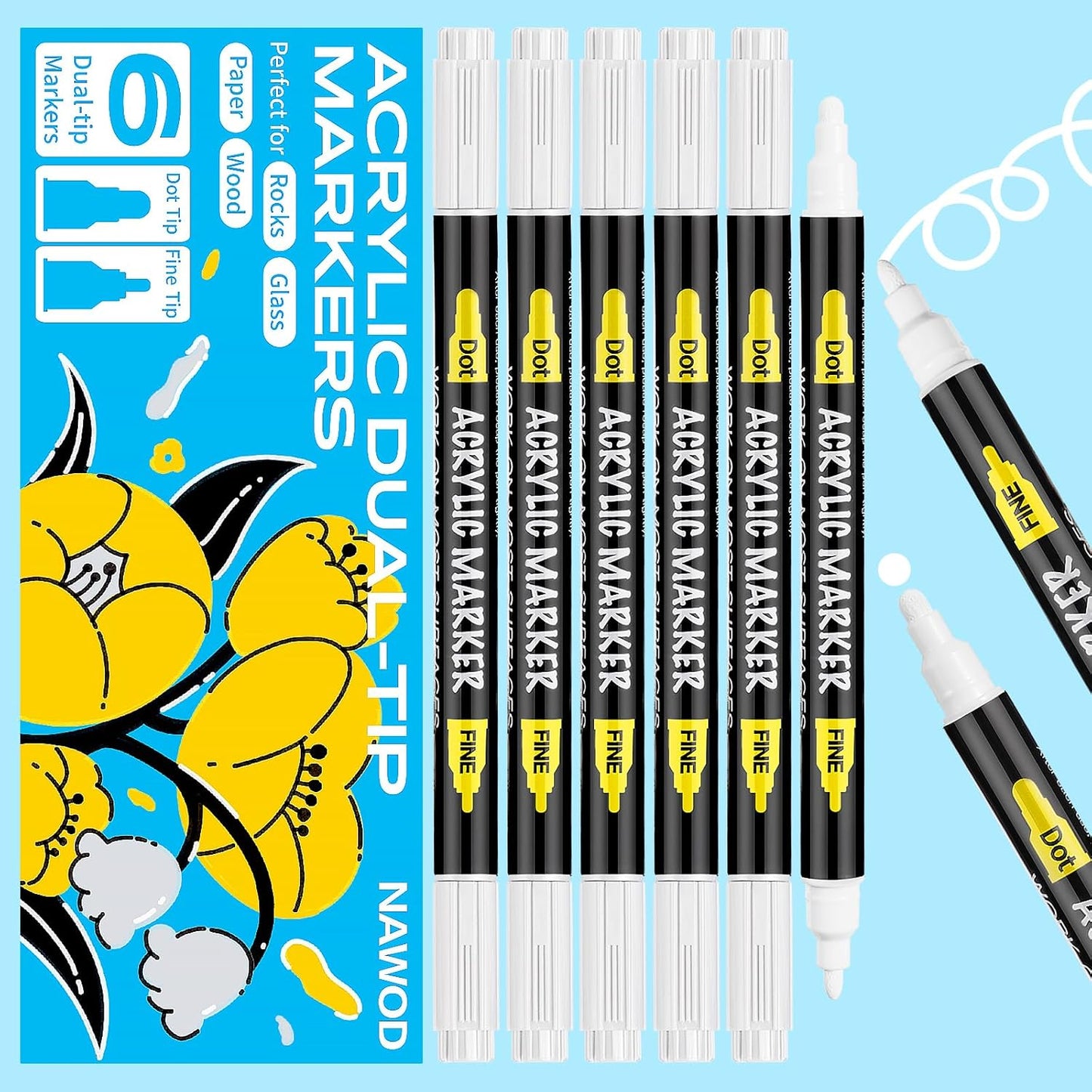 NAWOD 6 White Acrylic Paint Pens - Dual Tip (Fine 1mm + Dot 5mm) Permanent Markers for Rock, Fabric, Canvas, Ceramic, Glass, Wood, Paper, Labeling, Drawing, DIY Crafts