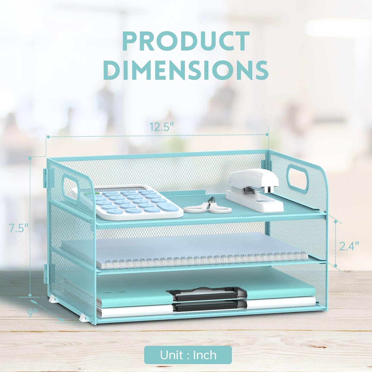 Supeasy 3 Tier Paper Organizer with Handle, Mesh Desk Organizer Letter Tray, Paper Tray File Organizer for A4 File Folder, Blue