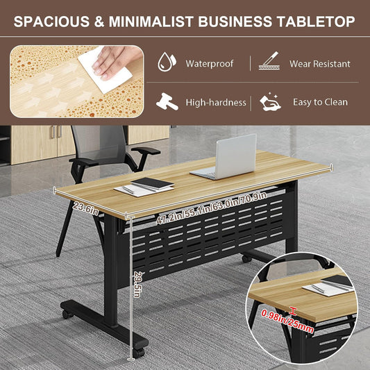Folding Conference Room Table, Modern Conference Tables with Wheels, Large Rectangular Mobile Training Tables for Office Classroom, Foldable Modular Boardroom Seminar Table Maple (6pack L55.1in)