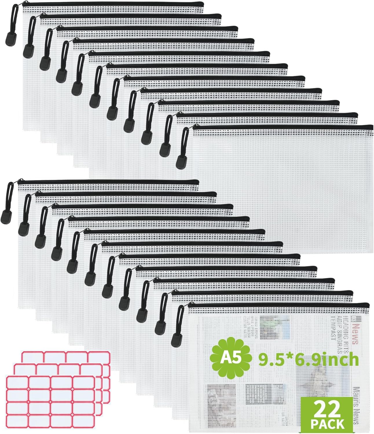 Vuzvuv A5-22 PCS 9.49"x 7.09"Mesh Zipper Pouch Set，Resistant Document File Folders Plastic Mesh Bag with Label Sticker for File, Document, Makeup, Board Game School Office Home Travel Storage