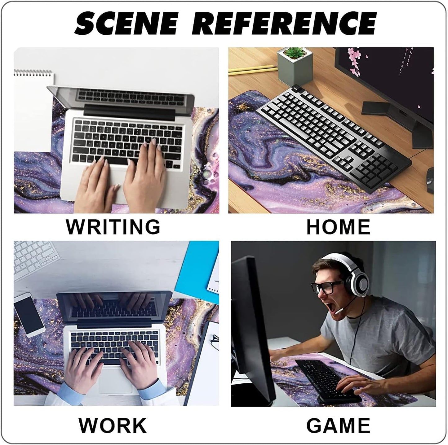 Desk Mat, Purple Marble Pattern Large Desk Pad Extended Gaming Mouse Pad, 35.4 x 15.7inch Mouse Pad with Non-Slip Rubber Base Stitched Edges, Home Office Decor for Women Girls Men Boys