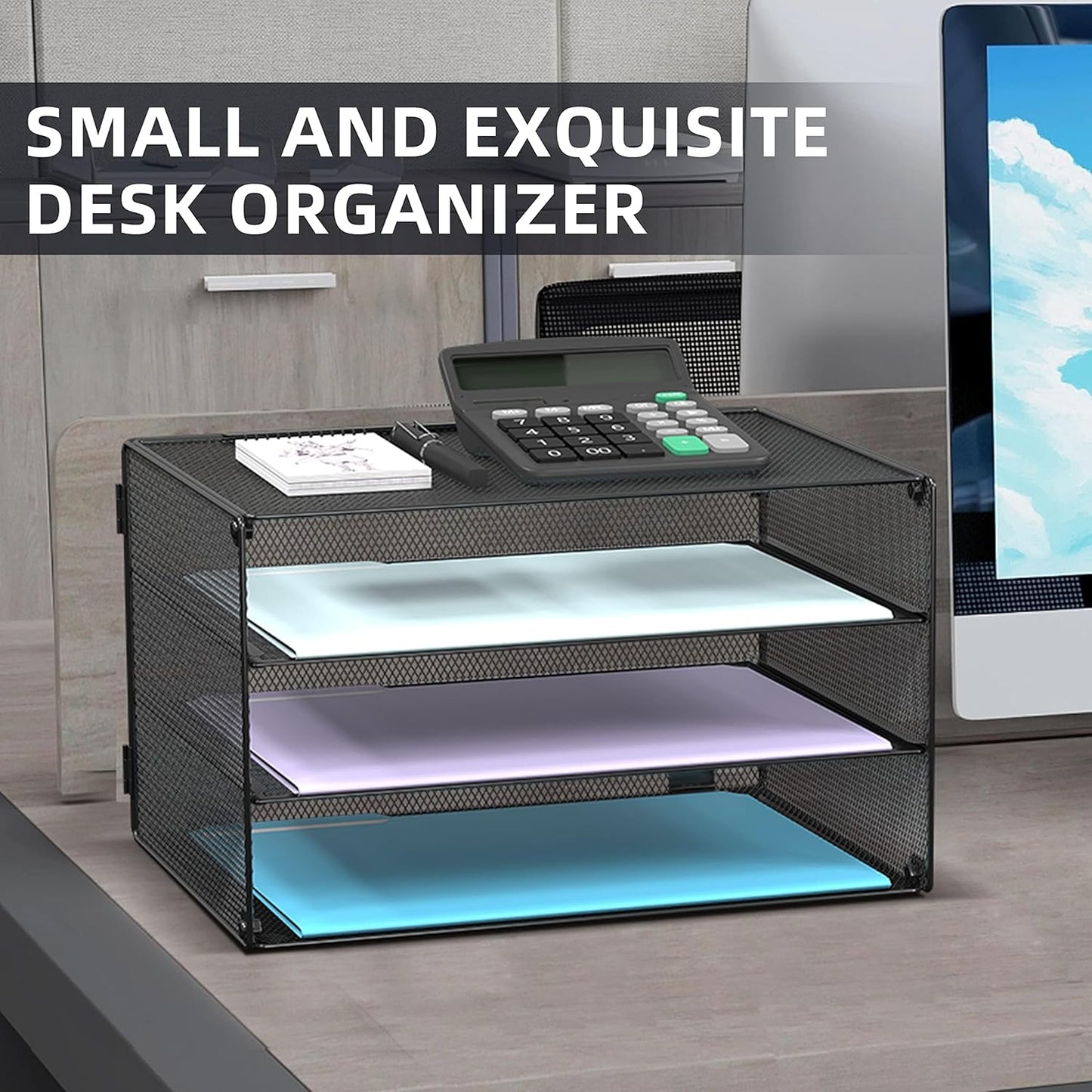 DALTACK 3 Tier Letter Tray Paper Organizer Mesh Metal Desk File Organizer for Home & Office Organization, 2 Pack Black