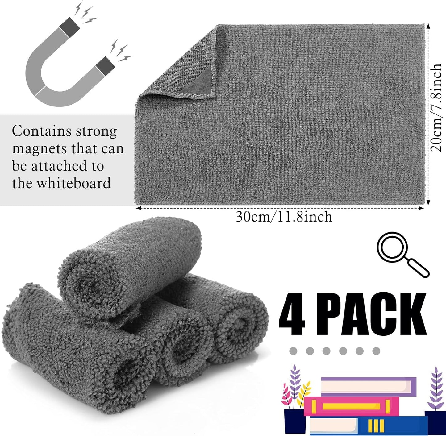 4 Pcs 7.8" x 11.8" Magnetic Cleaning Cloth Dry Erasers for White Boards Extra Strong Magnetism Microfiber Whiteboard Eraser for White Boards Blackboards Classroom Home Reusable Washable
