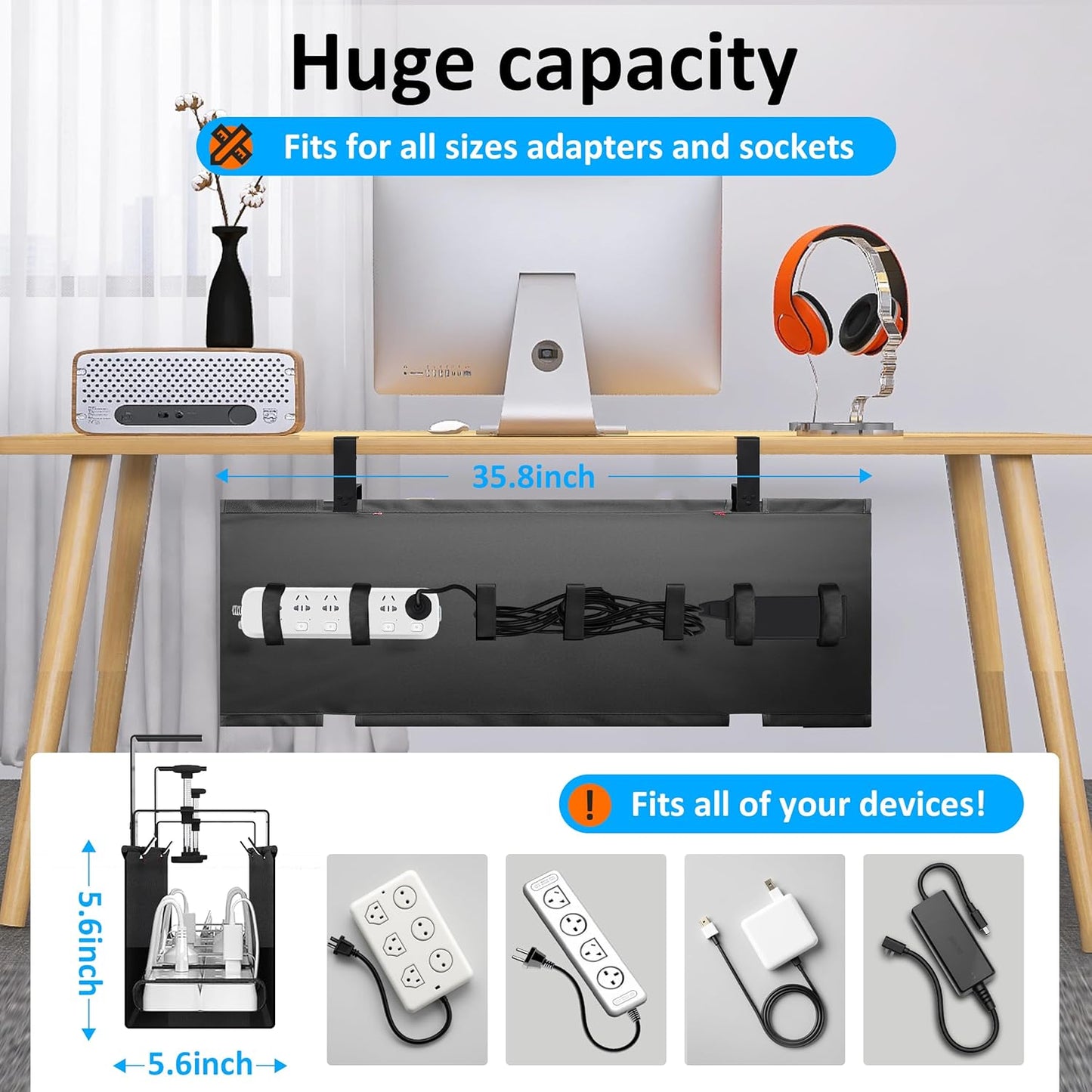 Under Desk Cable Management Tray - Under Desk Cord Management - Clamp/Screw Mount - Fabric Wire Management - Cable Raceways Tray Cord Hiders for Office/Home (Black, 35.8"×5.6")