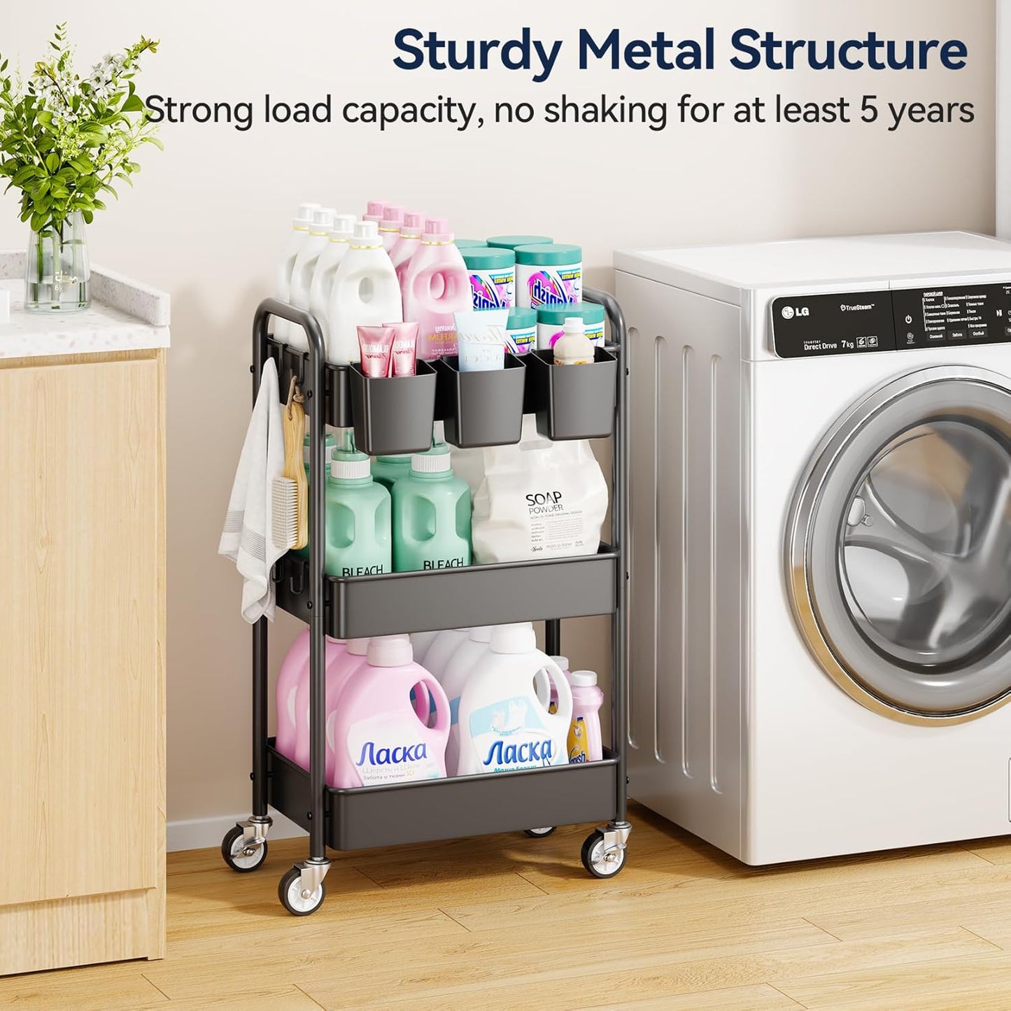 YASONIC 3 Tier Rolling Cart - Metal Utility Cart with Wheels, Hanging Cups, Hooks, Heavy Duty Mesh Rolling Storage Cart Organizer, Craft Cart for Kitchen Office, Lightweight and Sturdy