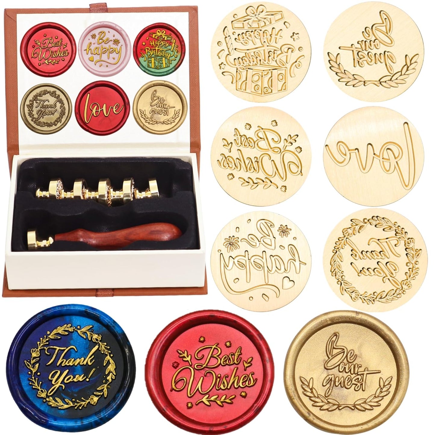 SWANGSA Phrases Wax Seal Stamp Set, Vintage 6 Pcs Sealing Wax Stamp Heads and 1 Wooden Handle for Wedding, Party Invitations, Letters, Envelopes, Christmas