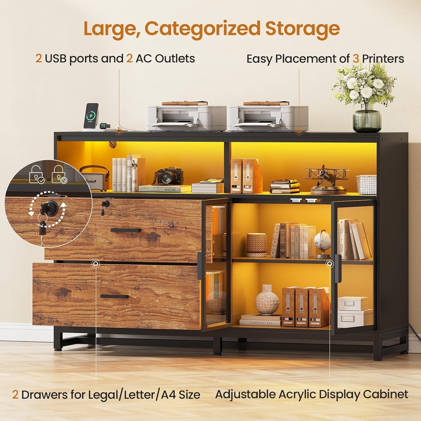 SEDETA 59" File Cabinet, 2 Drawers Filing Cabinets for Home Office fit Legal/Letter/A4 File, File Cabinet with Lock & Power Outlets, Printer Stand with Storage & LED Lights, Rustic Brown