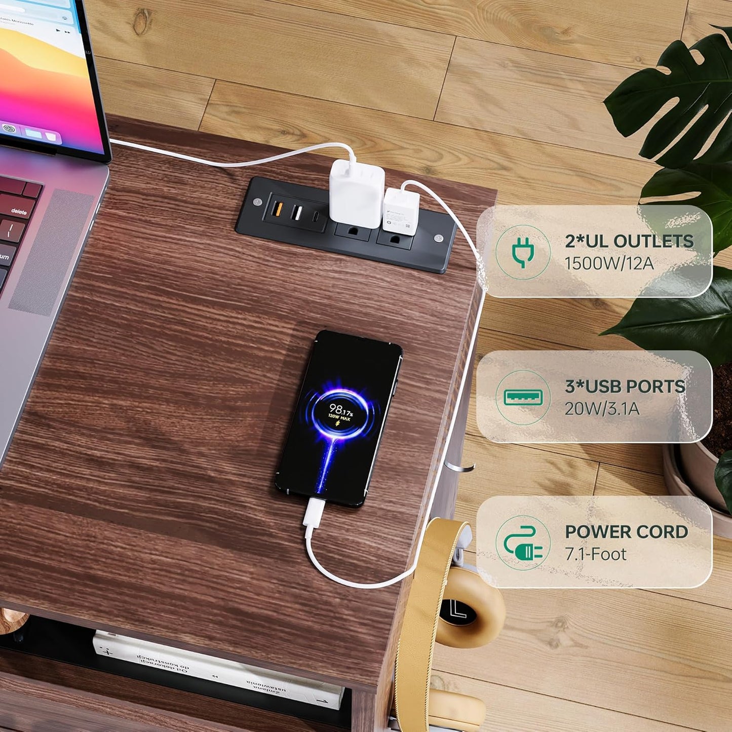 Letaya Mobile 2 Drawer File Cabinet with Lock, Metal Lateral Printer Stand Filing Storage Cabinets with Shelves for Home Office-A4/F4/Letter (Charging Socket)