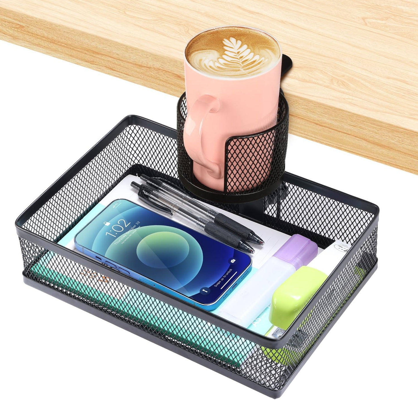 ROSYLINE 360°rotation under desk drawer, Drawer Under Desk Storage Organizer, Rotary Desk Storage Organizer with Cup Holder, Clamp Drawer Basket, sturdy and durable (black)