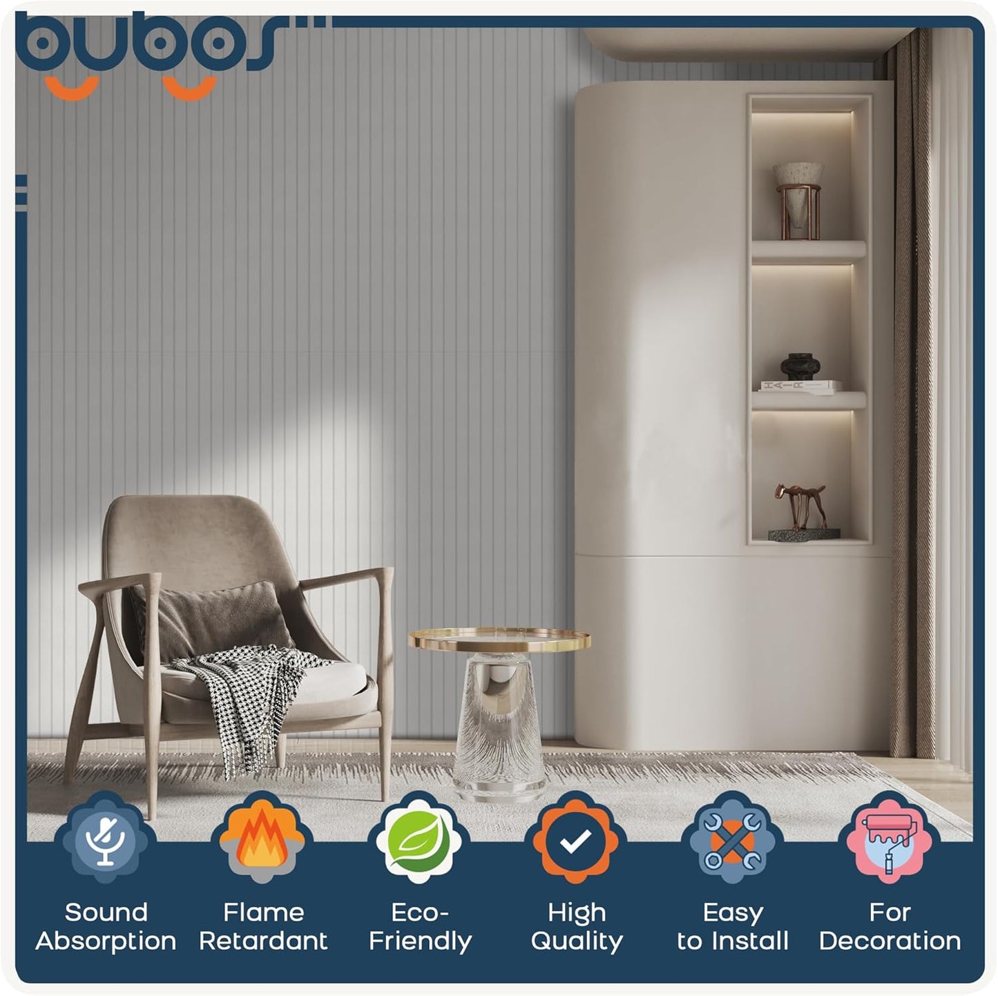 BUBOS 6 Pack Large Acoustic Panels,48x12Inch SoundProof Panels for Walls,Self Adhesive Acoustic Wall Panels,Decorative Sound Panels for Home Studio Office (White 02)