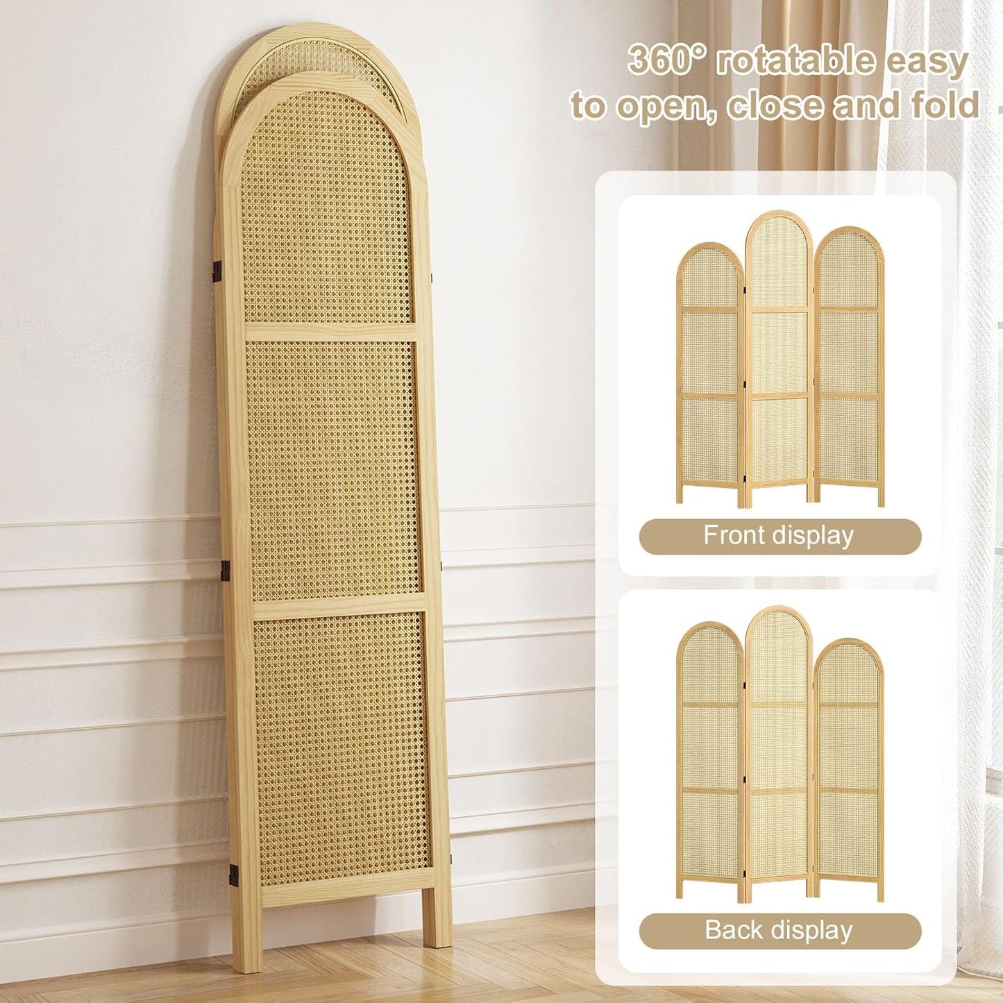 3-Panel Hand-Woven Rattan Room Divider, Tall Foldable Privacy Screen with Wooden Frame - Freestanding Portable Partition for Home Office, Bedroom, Bathroom(Natural-Wave)