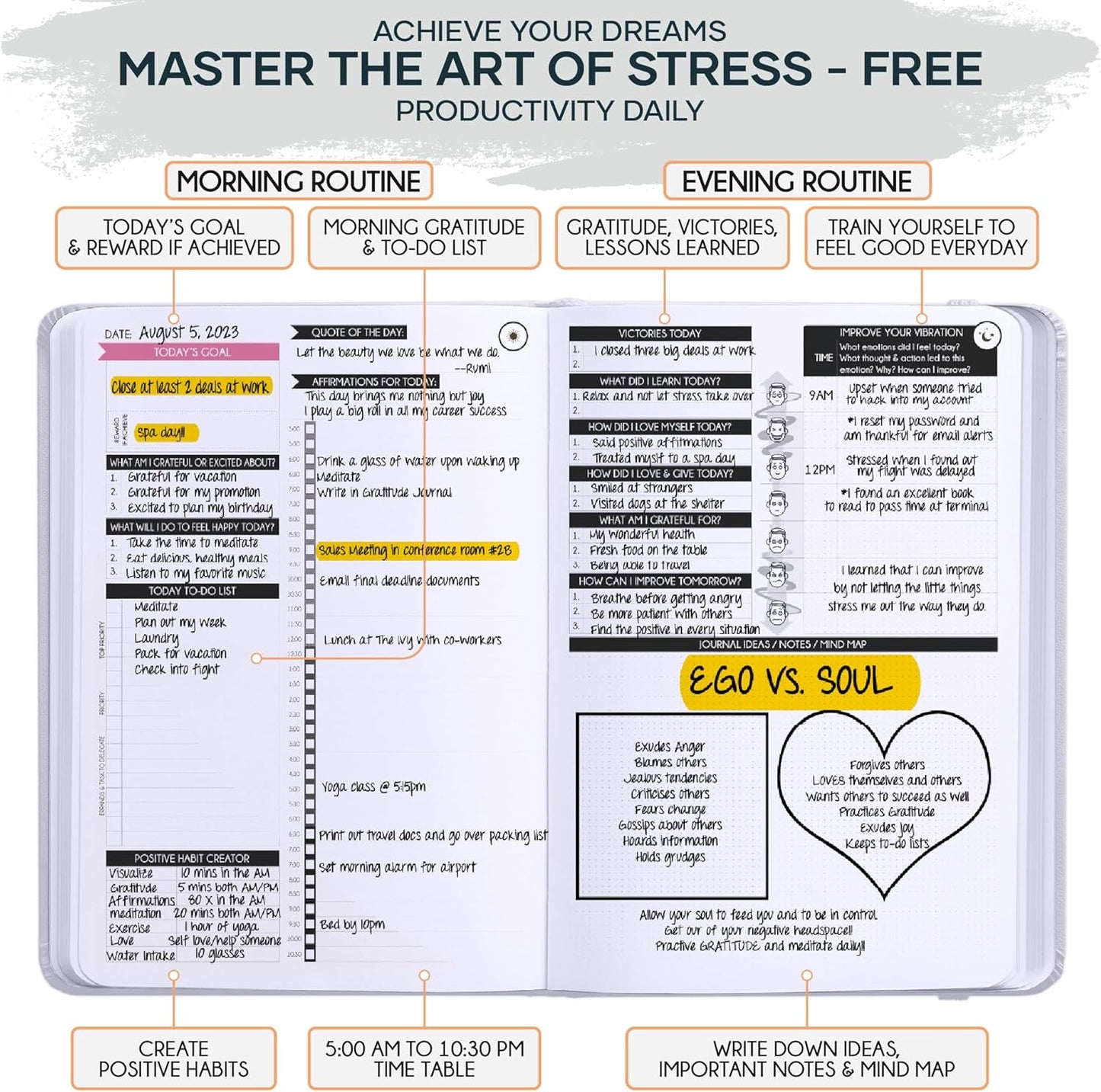 Adhd Daily Planner - A Self Care Personal Gratitude Journal to Increase Productivity and Success in Life & Work, Weekly & Monthly Undated Planner for Women and Men, Vision Board & Organizer + Stickers