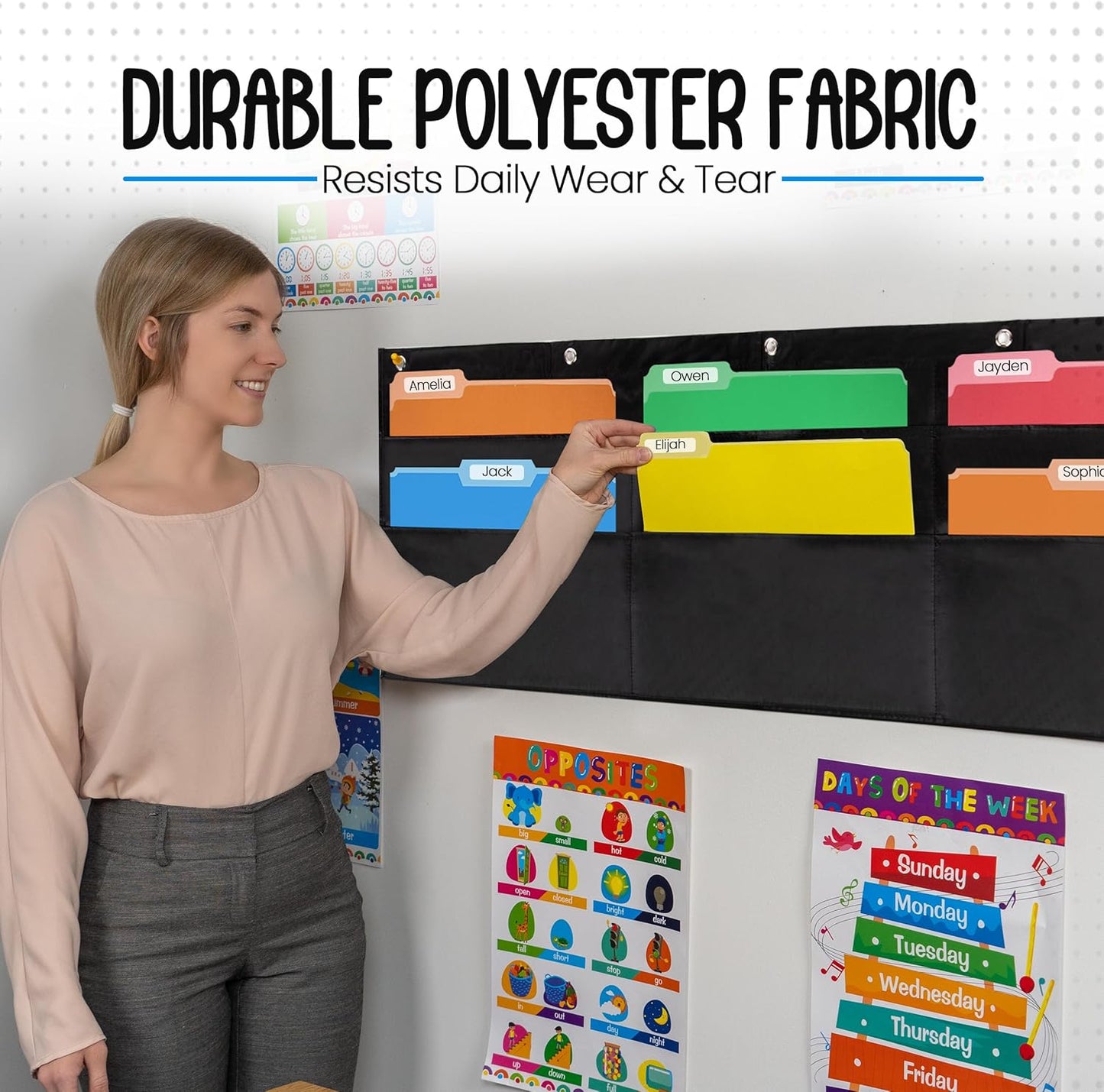 Essex Wares - 6 Pocket Horizontal File Hanging Paper Organizer for Letter Documents, Black, 42" Wide x 15.5" - Hanging Pocket File Organizer - Black Pocket Chart for Classroom & Office - 6 Pockets