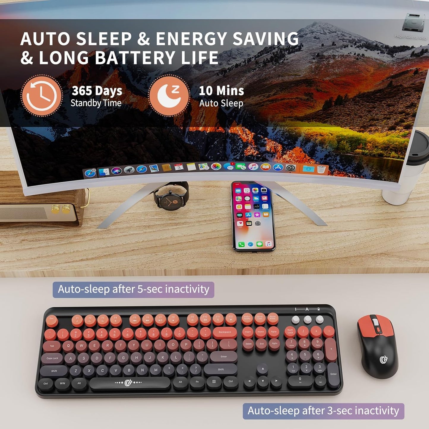 Wireless Keyboard and Mouse Combo, 104 Round Keys Cute Colorful Keyboard and Mouse with Retro Typewriter for PC/Mac/Laptop/Tablet/Computer/Windows Black Red