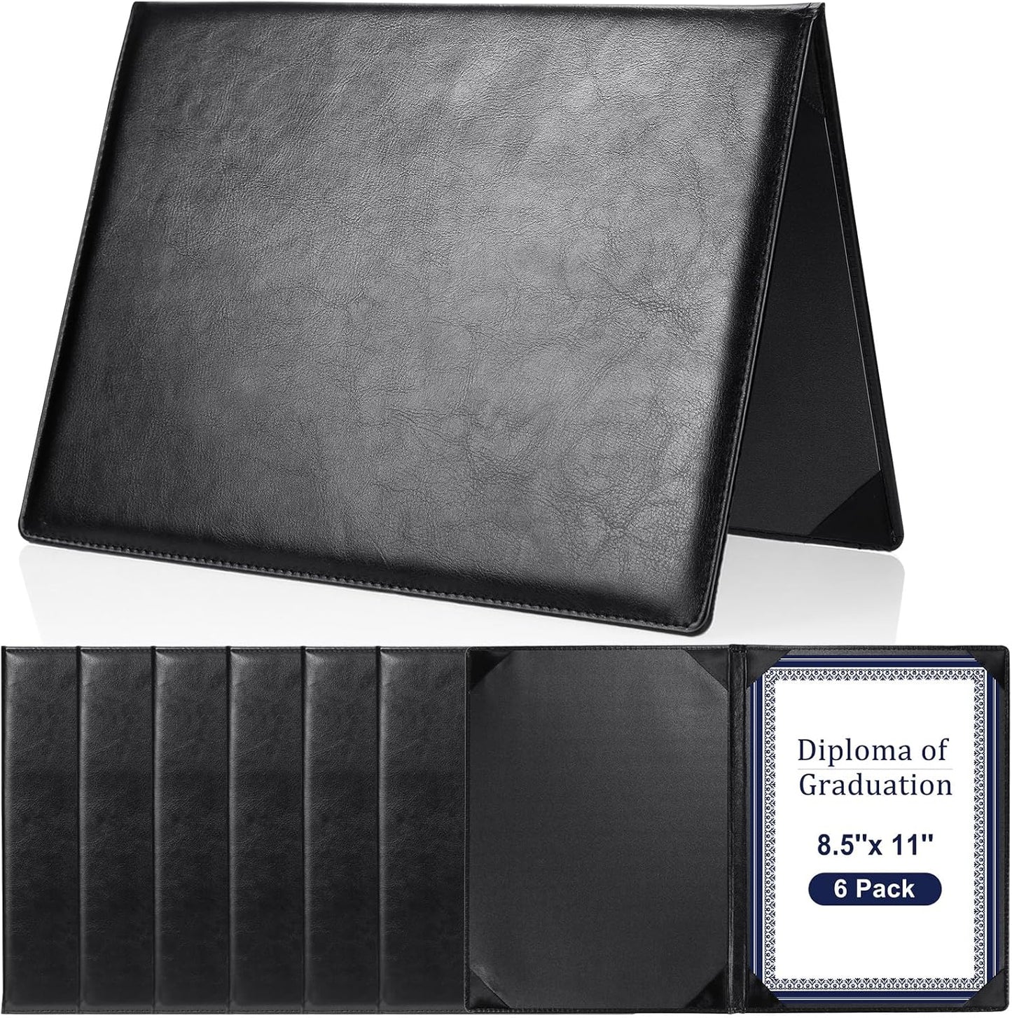 Tenare 6 Pcs Leather Certificate Holder 8.5 x 11 Inch PU Black Red Blue Purple Phd Bachelor Master Diploma Cover Professional Award Folder for Official Graduation Competition Contest Charity (Black)