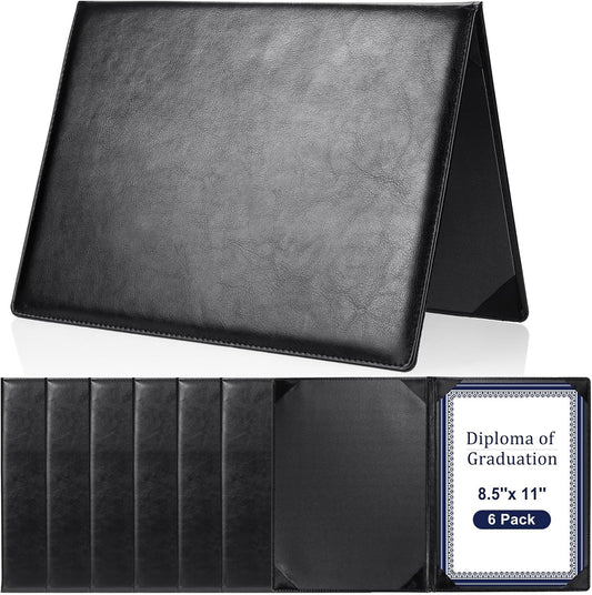 Tenare 6 Pcs Leather Certificate Holder 8.5 x 11 Inch PU Black Red Blue Purple Phd Bachelor Master Diploma Cover Professional Award Folder for Official Graduation Competition Contest Charity (Black)