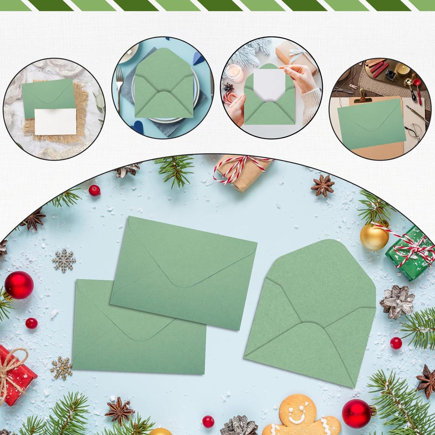 100 Packs Gift Card Mini Envelopes Sage Green Small Envelope with Gummed Seal, Paper Business Card Envelopes, Bulk Tiny Envelope Pockets for Small Note Cards, 4 x 2.7 Inches