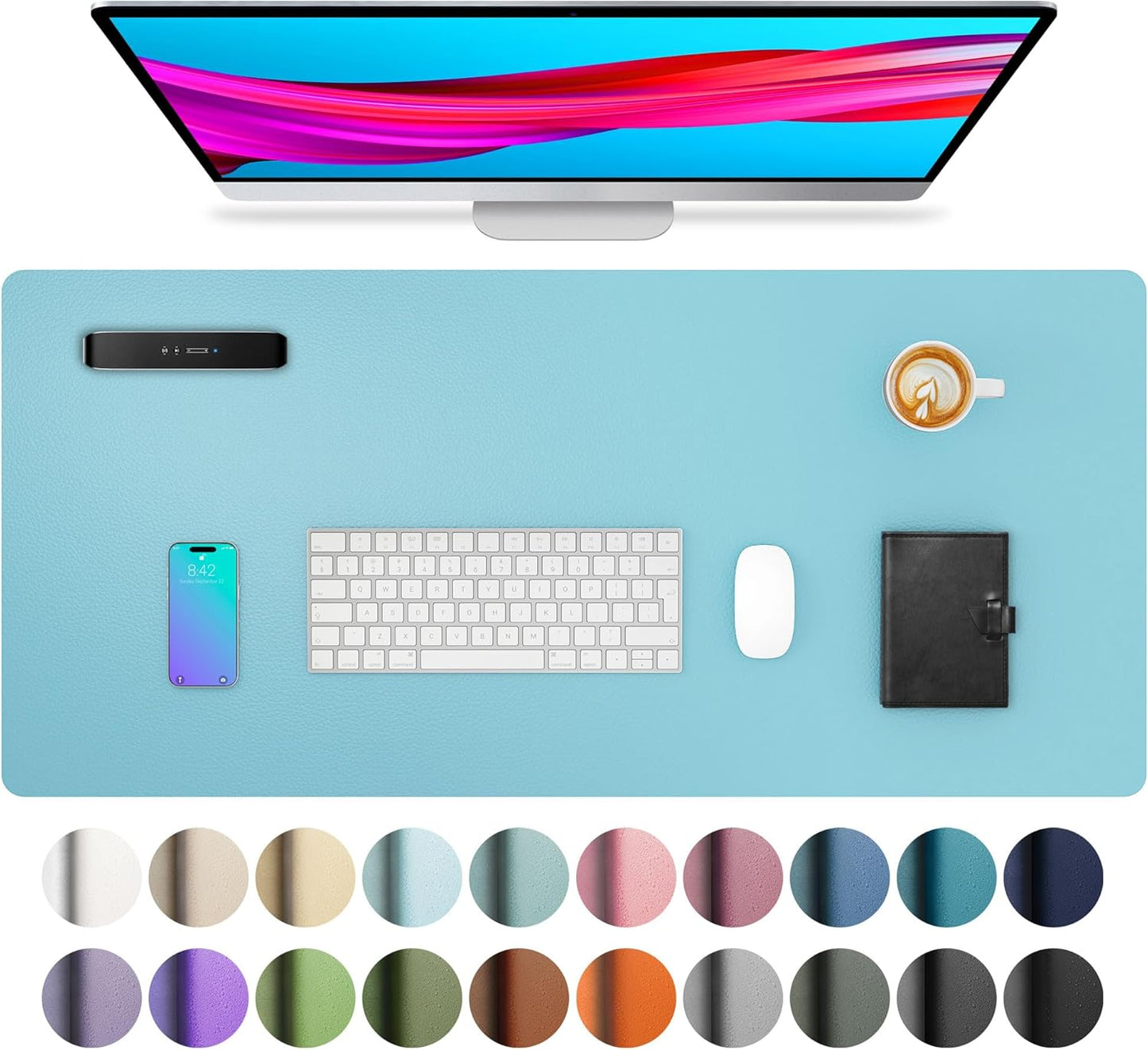 Aothia Large PU Leather Desk Pad Protector – Non-Slip Mouse Pad & Writing Mat for Office/Home, Waterproof, Easy to Clean(23.6" x 13.7", Blue Topaz)