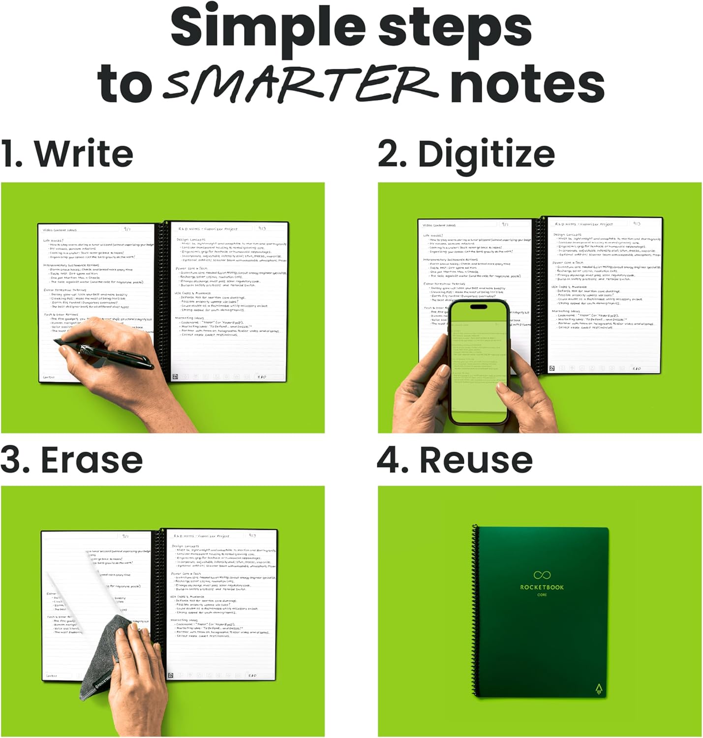 Rocketbook New Core Reusable Spiral Notebook, Executive Size 6x8.8, Green - Lined Pages, App-Connected, Erasable, Durable Cover, Ideal for School, Work, and Creative Projects