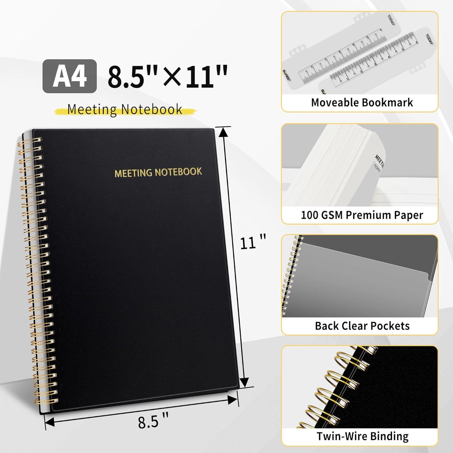 SUNEE Half Meeting Half Note - 8.5"x11" Professional Notebooks for Work - 160 Pages, A4 Size Project Planner, Spiral Meeting Agenda/Minutes Organizer for Women Men, Note Taking, Office & Business