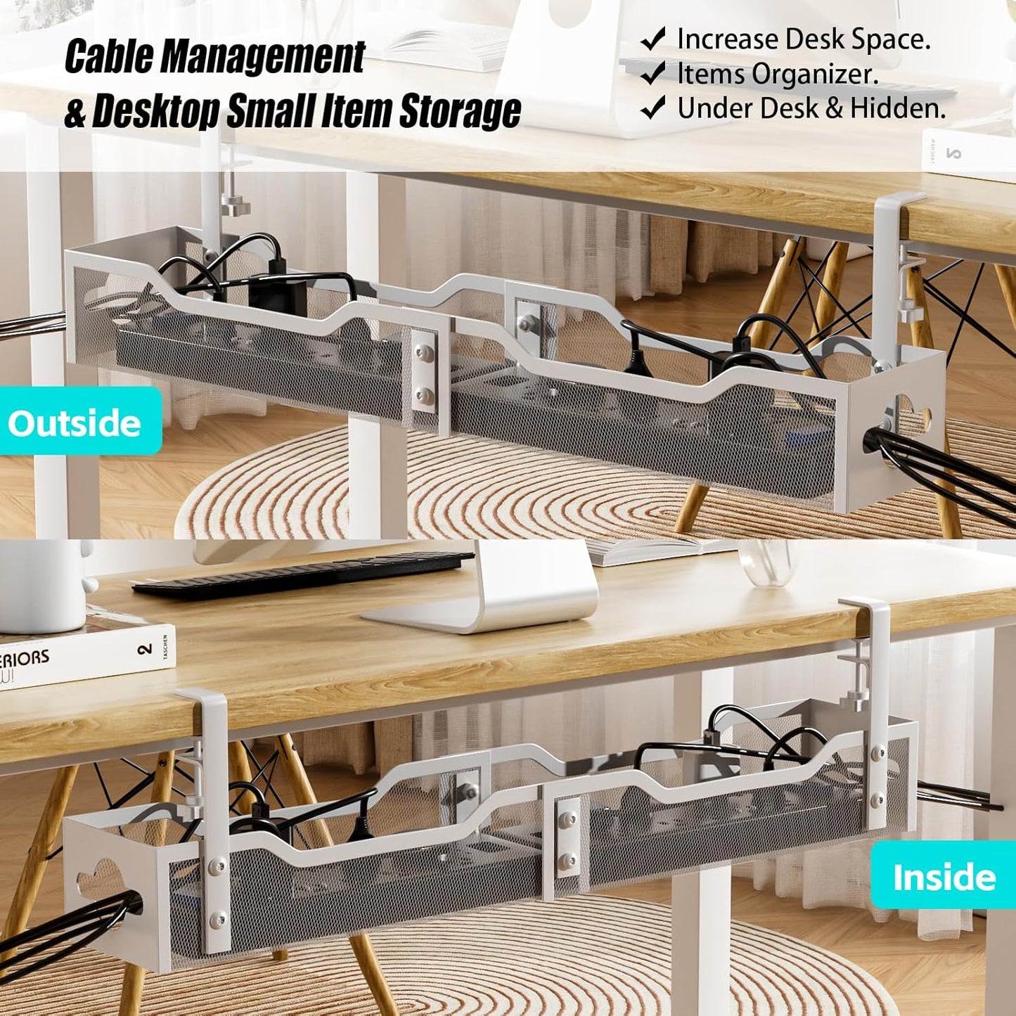 Under Desk Cable Management Tray 24.8", Quszmd Cable Organizer No Drill, Standing Cord Organizer and Wire Management Tray - No Damage to Desk, White