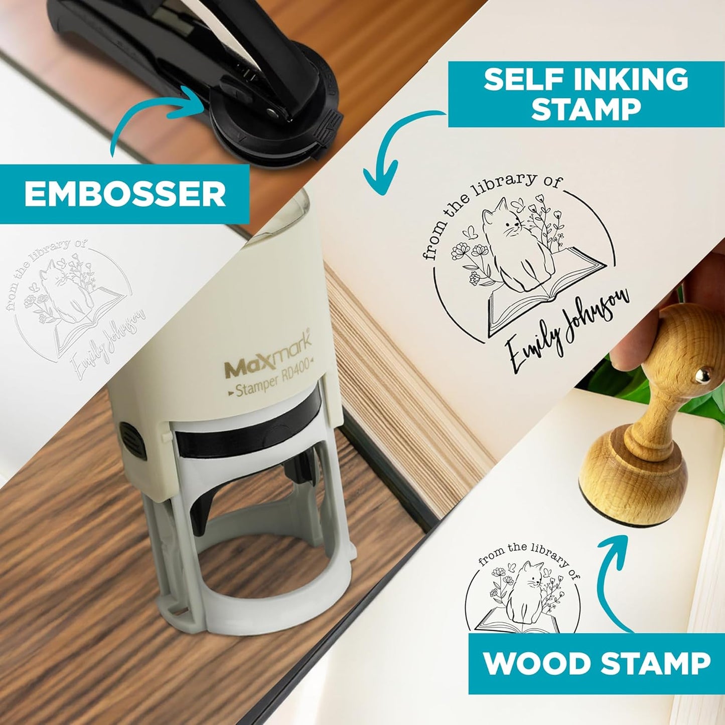 Custom Library Embosser - Style 104 - Embosser, Wood Stamp or Self Inking Stamp - Book Embosser Includes 50 Gold Seals - Custom Stamp Seal from The Library of