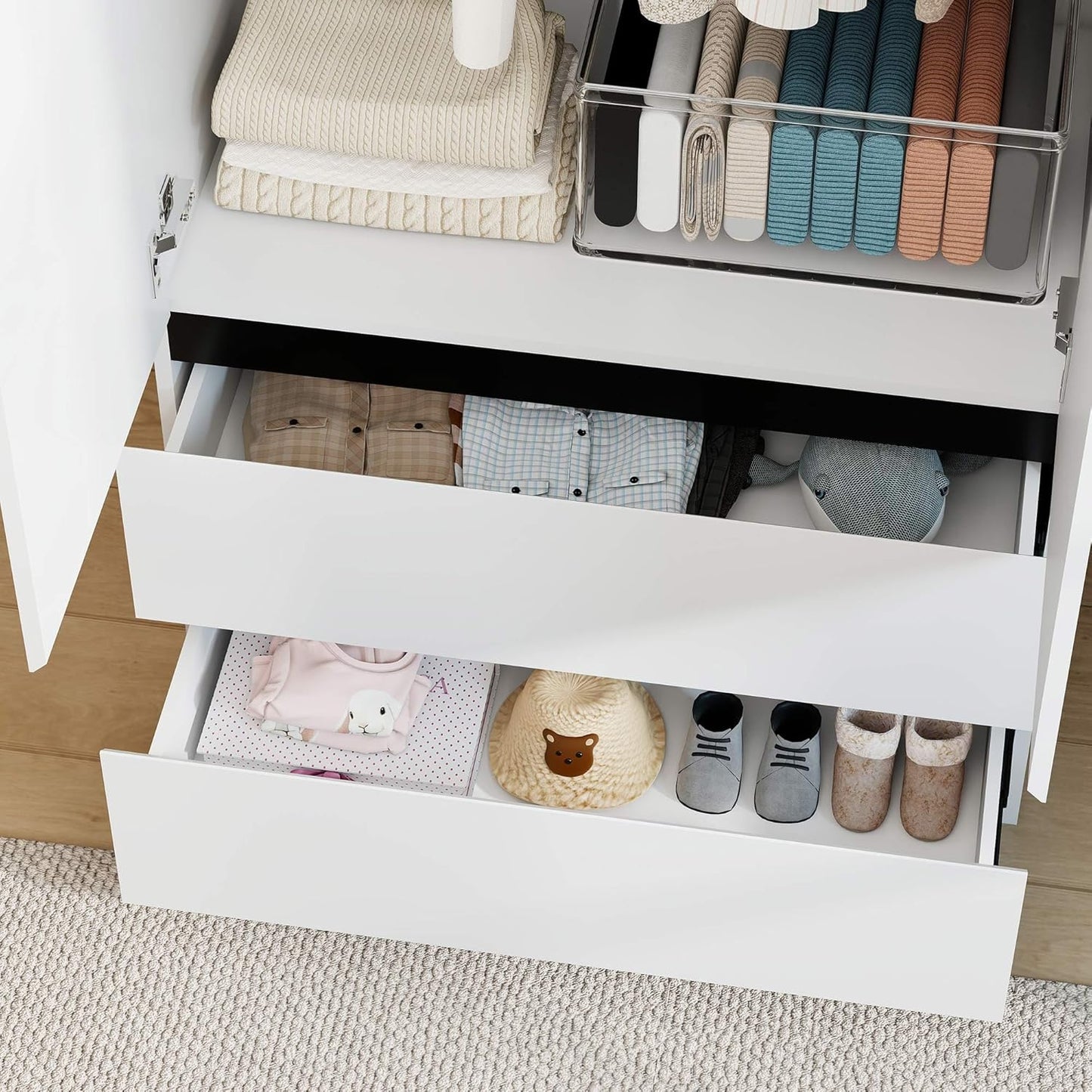 White Wardrobe Closet with Doors: 75" Large Capacity Bedroom Armoire, Wooden Cabinet with 4 Drawers, Hanging Storage Shelves with Hanging Rod (Contemporary, 2)