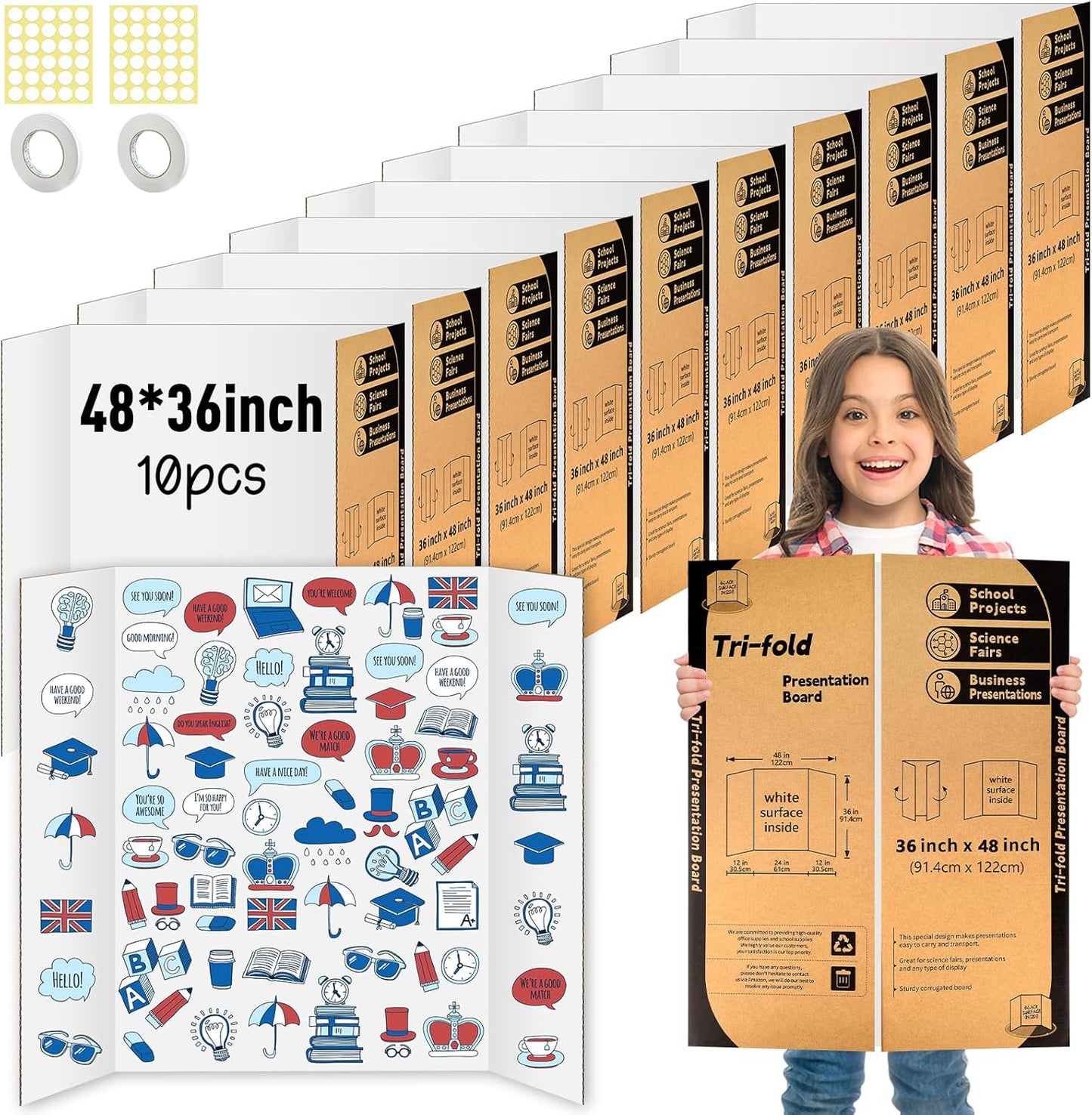 10 Pack Trifold Poster Board 48" X 36", IKAYAS Single sided White Poster Boards, Science Fair Display Boards Posterboard Foamboard for Mounting, Prints,Art,Display,Projects Classroom Supplies